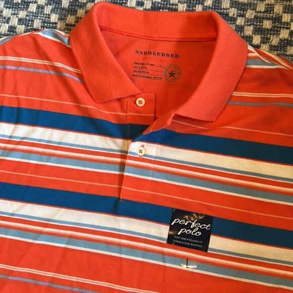 NWT Saddlebred Men’s Large Salmon Pink/Blues/White Striped Relaxed Fit Polo - Picture 3 of 9